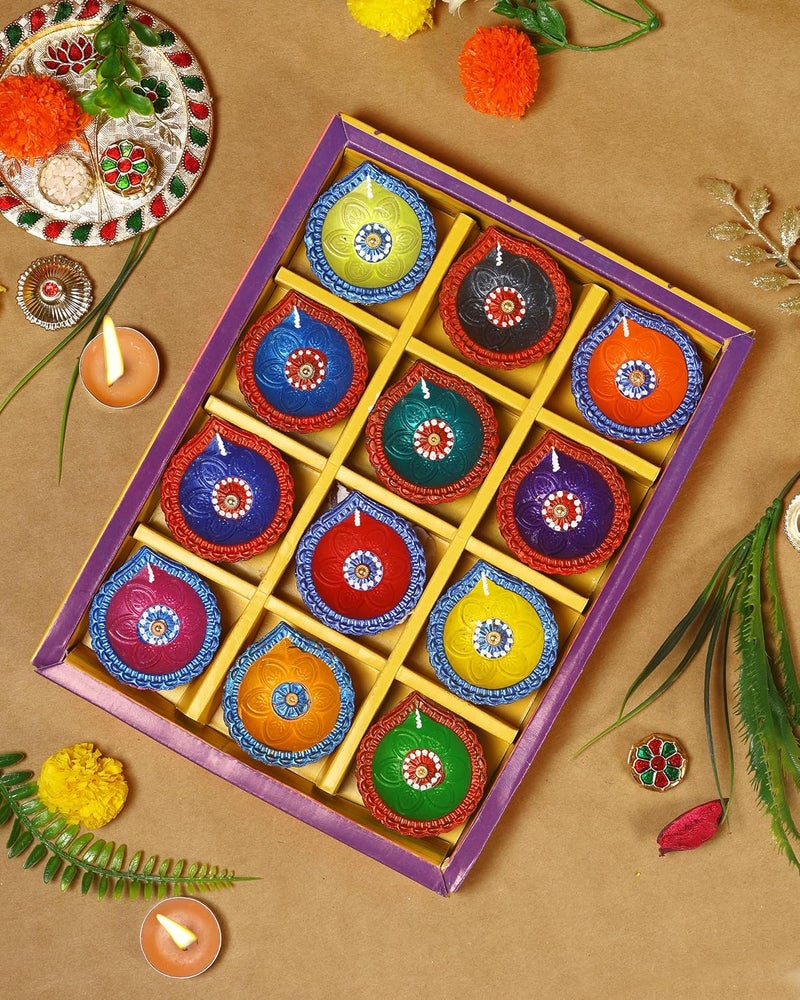 TrendBell Handmade Terracotta Set of 12 Clay Diya for Diwali/Navratri Decorations Oil Lamp Tea Light Holder Indian Festival Diyas for Pooja & Diwali Decorations | TRBD12M-015 (Multicolor) - Image 1